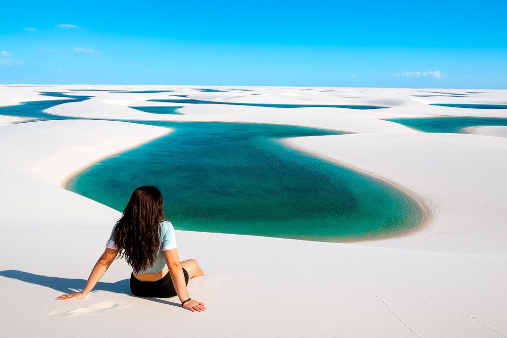 Irene contemplando las lagunas cristalinas entre dunas blancas en el Parque Nacional de Lençóis Maranhenses, Brasil.